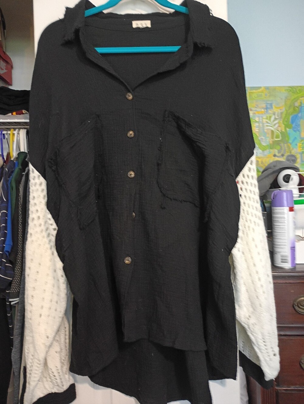 POL Black Button-Front Shirt with White Textured Sleeves